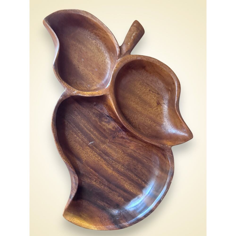 Vintage Mid Century Monkey Pod Wood Leaf Serving Tray Hawaii Woodcraft